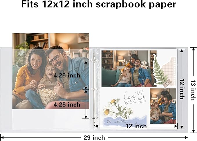 Vienrose 12x12 Inch Large 3 Ring Binder Scrapbook Photo Album, Linen Cover DIY Scrapbooks with 50 Sheets Plastic Sleeves 100 Pages Blank White Inner Pages for Wedding Birthday Baby Travel White