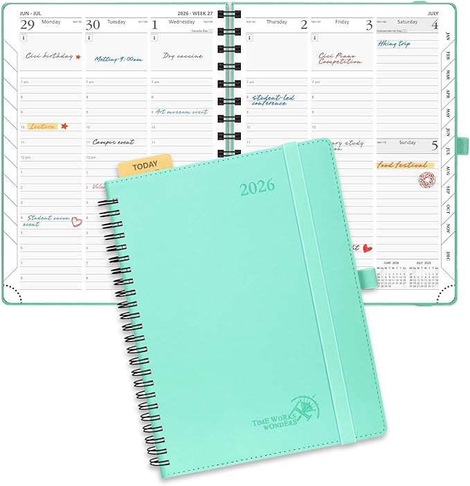 POPRUN 2026 Planner (Medium - 6.5'' x 8.5'') with Hourly Schedule, Vertical Layout - 2026 Weekly Calendar (Jan. 2026 - Dec.2026) for Time Management, Monthly Tabs, Spiral Bound, Soft Cover - Green