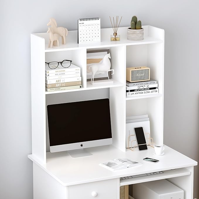 Wooden Desktop Hutch Bookshelf - Free Standing Desk Storage Shelf with Top Edge for Computer Desk, Desktop Bookcase for Dorm, Home or Office, Countertop Organizer, White, 37.4"
