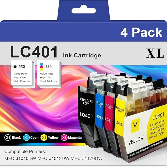 LC401XL Ink Cartridges Compatible for Brother Ink Cartridges LC401 XL Use for MFC-J1010DW MFC-J1012DW MFC-J1170DW MFC-J1800DW (Black Cyan Magenta Yellow, 4 Pack)