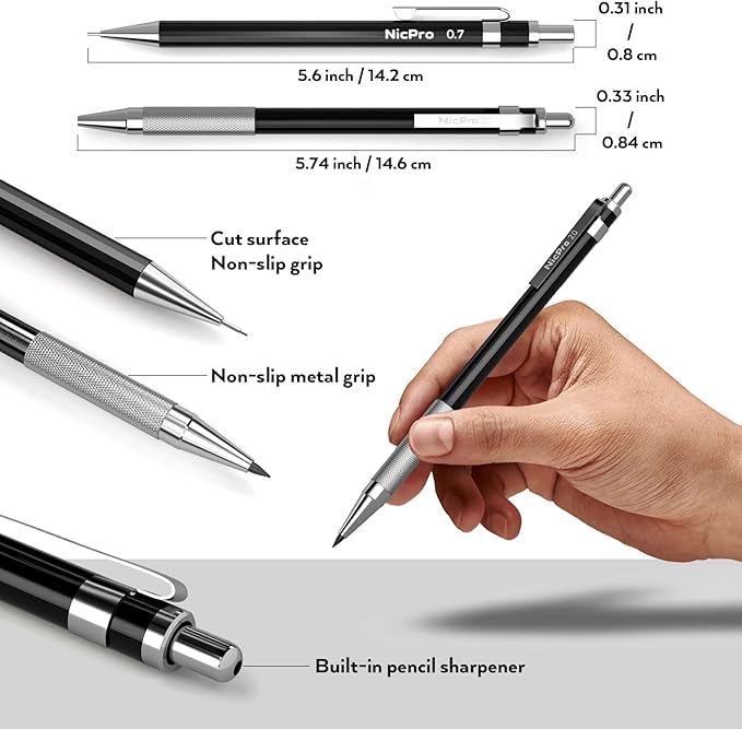 Nicpro 20PCS Black Metal Mechanical Pencil Set in Leather Case, 0.3, 0.5, 0.7, 0.9 mm & 2mm Lead Pencil Holders, (4B 2B HB 2H) Lead Refills (Black & Colors), Erasers For Art Drafting Sketching Drawing