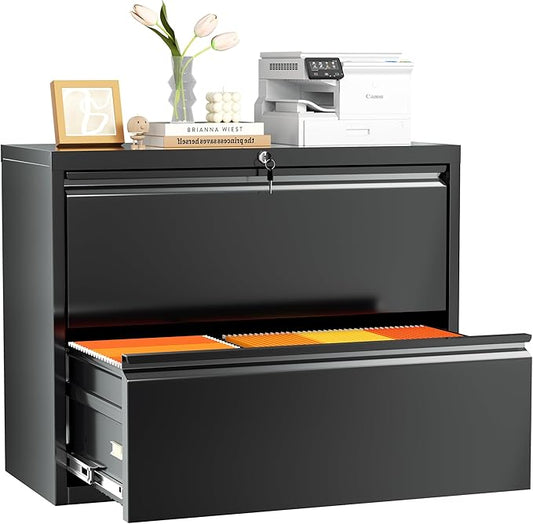 INTERGREAT Lateral File Cabinet with 2 Drawers, 28" W Black Lateral Filing Cabinet with Lock, Black Metal File Cabinets for Home Office,Letter/Legal/F4/A4