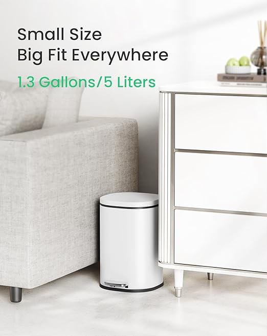 Cesun Bathroom Trash Can with Lid, 1.3 Gallon Small White Garbage Can with Foot Pedal, Metal Round Wastebasket for Bathroom, Bedroom, Office, White