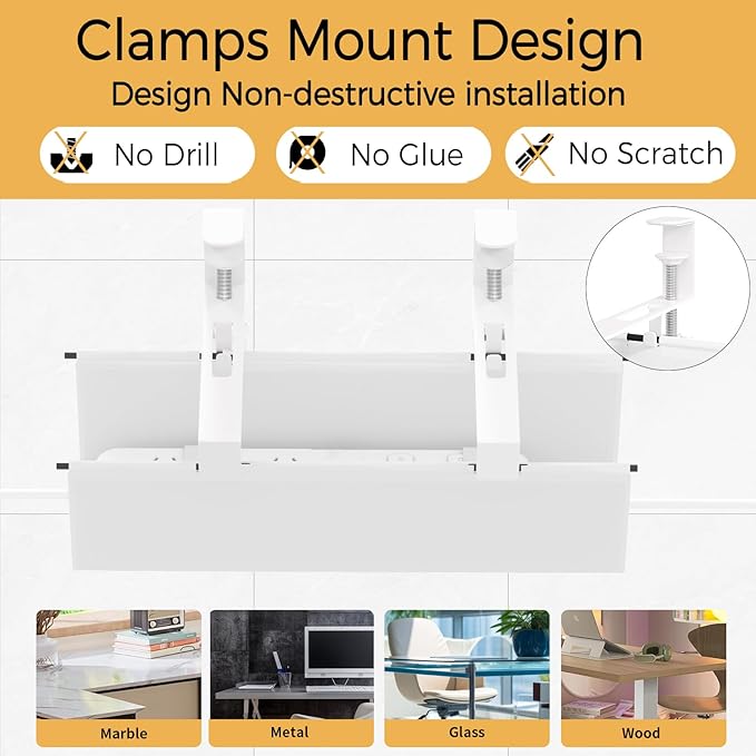 Under Desk Cable Management Tray 15.7" - No Drill Computer Wire Organizer Cable Tray, Cord Hider Clamp Mount with 16X Cable Ties PC Cables Management Cord Holder for Office/Home (Upgrade Fabric,White)