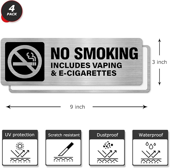 No Smoking No Vaping E-Cigarettes Sign Aluminum Silver 9 x 3 Inches Self-Adhesive Waterproof Metal Door Wall Sign for Business Houses 4 Pack