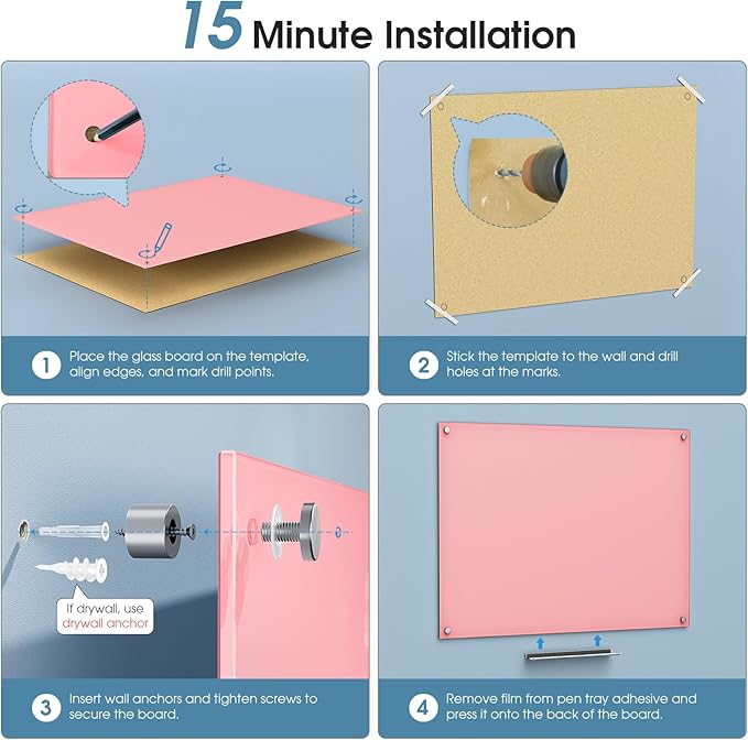 MaxGear Glass White Board 36x24, Pink Wall Mounted Magnetic Glass Dry Erase Board, Large Frameless Whiteboard with 1 Eraser,3 Markers and 6 Magnets for Office, School, Home