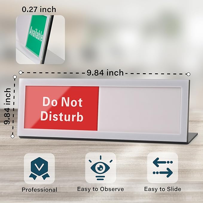 Do Not Disturb Sign with Slider, Acrylic Privacy Status Indicator for Office Desk Sign, Available Do Not Disturb Signs for Desk, 9.75" x 3" Silver