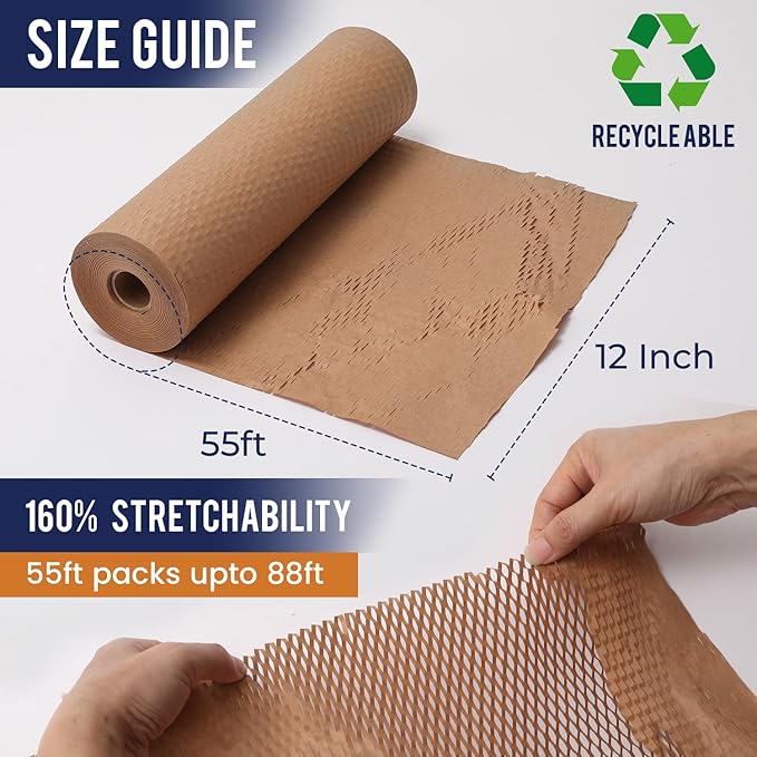 Honeycomb Packing Paper 12" x 55ft with Rope & 20 Fragile Stickers|Shipping & Moving Supplies|Small Business Packaging Supplies|Eco Friendly Bubble Wrap Packing Boxes for Moving Certified FSC C204227