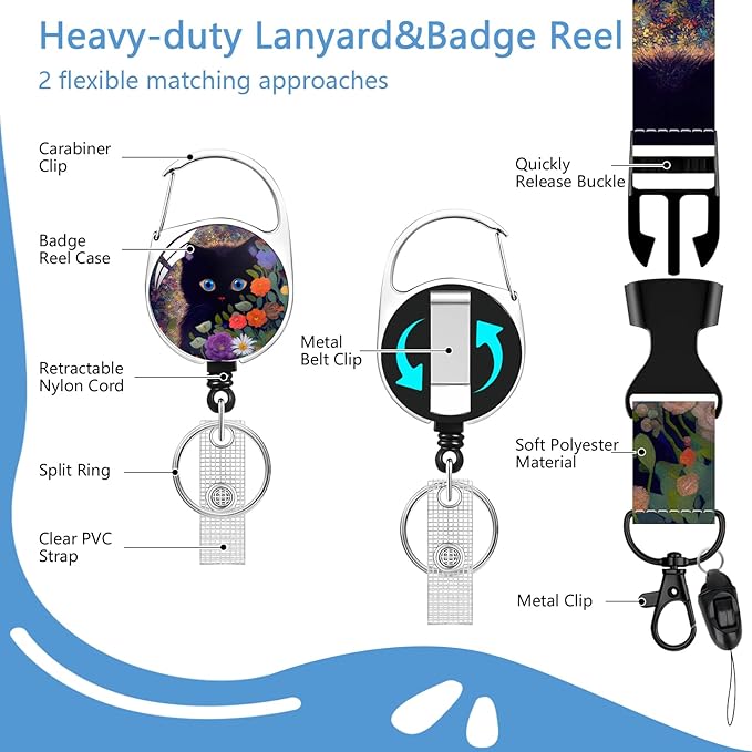 Black cat Badge Holder Reel Lanyard,Flower ID Card Badge Holder Retractable Name Tag Clips for Doctor Nurse Teacher Office Student
