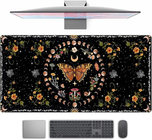 Moth Desk Pad Mushroom Phase Moon Phase Desk Mat, Boho Flowers and Leaves Computer Big Mouse Pad Washable Cloth Non-Slip Rubber Base Keyboard Pad Mouse Mat for Office with Stitched Eges 31.5x15.7 in