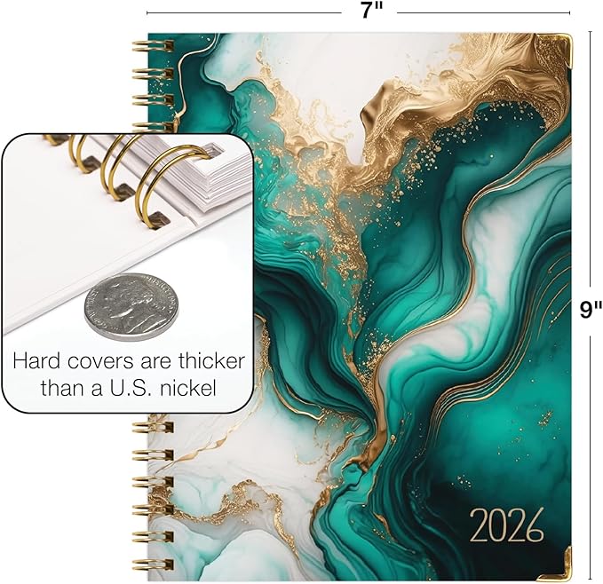 HARDCOVER 2026 Planner, 7"x9": 14 Months (November 2025 - December 2026), Daily Weekly Monthly Planner, Yearly Agenda, Bookmark, Pocket Folder and Sticky Note Set (Teal Gold Marble)