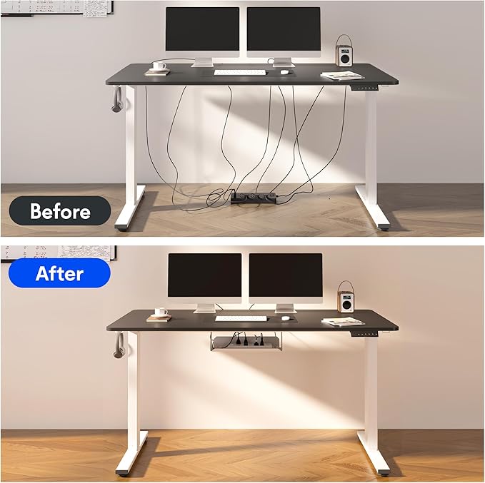 FLEXISPOT EN2 Whole-Piece Standing Desk with Clamp Power Strip, 48 x 24 Electric Stand Up Height Adjustable Desk with Cable Management (White Frame + 48" Black Top, 2 Packages)