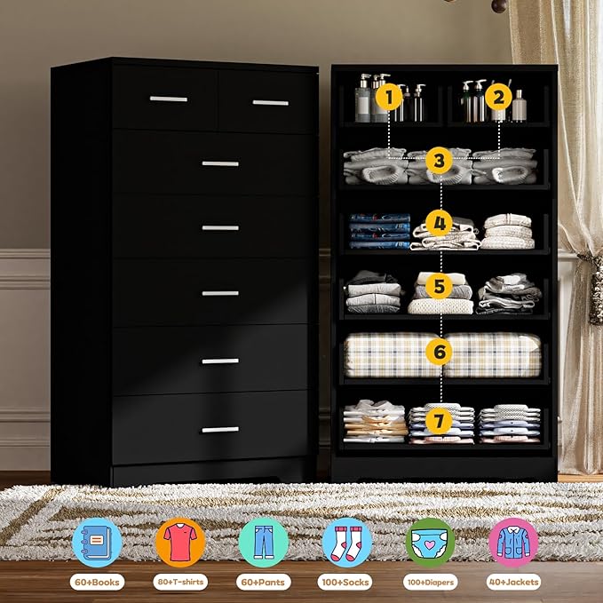 47.3" Tall Dresser for Bedroom Chests of Drawers with Charging Station 7 Drawer Dressers with Metal Slide Rail Modern Wood Closet Organizer with Large Storage for Home Office Entryway