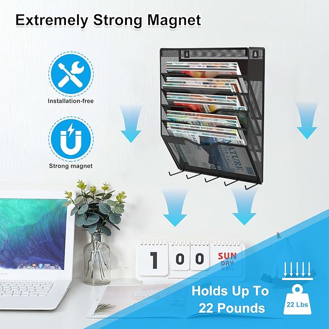 6 Tier Magnetic File Holder with Hook, Magnetic File Organizer Folder Holder, Wall File Organizer, Hanging Magnetic Paper Holder for File Cabinets, Office, Whiteboard, Magnetic Mail Holder