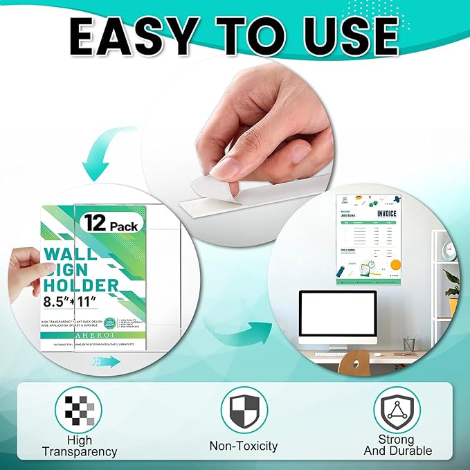 Aheroi Acrylic Sign Holder 8.5 x 11, 12 Pcs Clear Document Frame with Adhesive Tape, No Drilling Plastic Wall Mount 8.5 x 11 Acrylic Hanging Frame Plastic Sign Holder for Office Business Menu Store