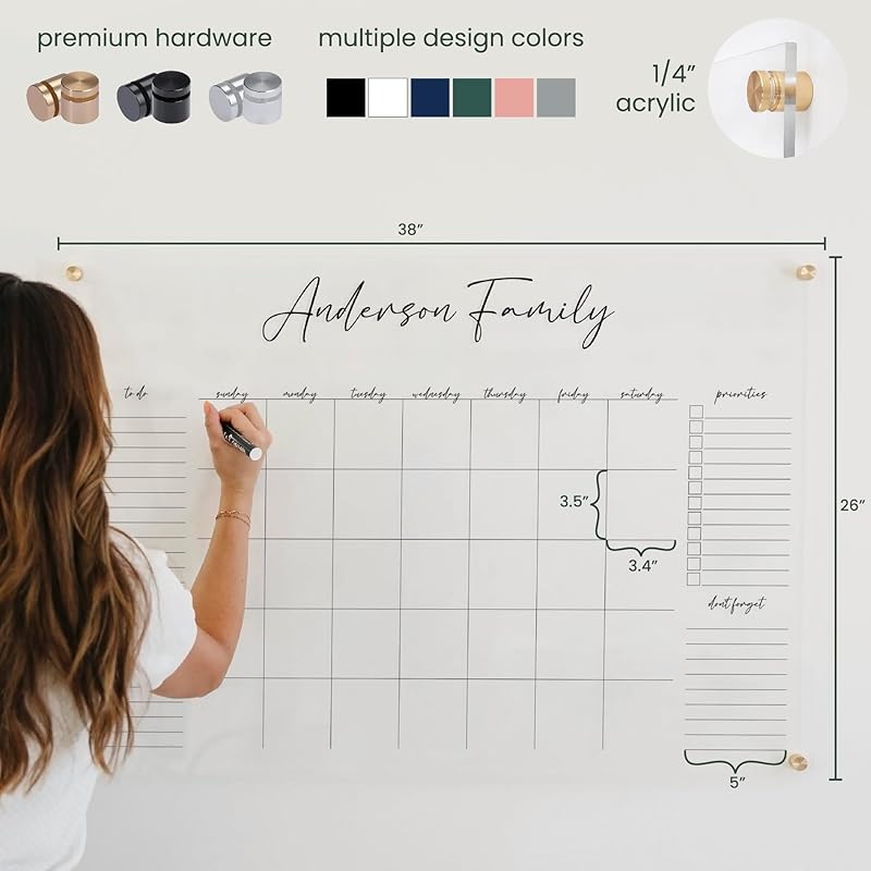 Personalized Clear Acrylic Calendar for Wall, Calendar Whiteboard for Wall, Dry Erase Wall Calendar, Wall Calendar Organizer System for Home (Cursive, Blush, 38"W x 26"H)