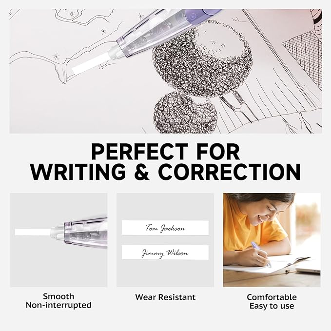 Refillable Retractable White Correction Tape, White Smooth Pull Out Correction Tape with 2 Extra Refills, Cute Correction Tape for Office Supplies, 4 PCS (CS-26)