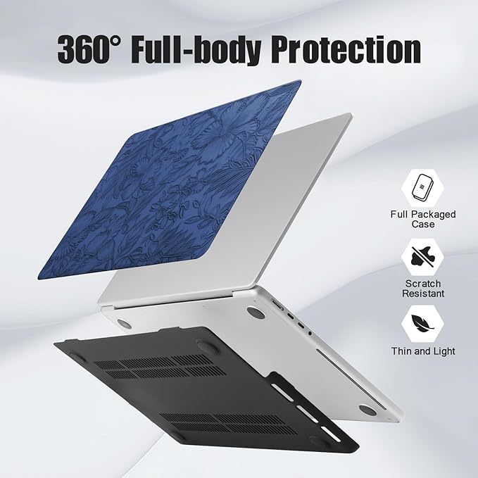 DTangLsm for MacBook Air 13 inch Case 2025 2024 2023 2022 M4 M3 M2 A2681 A3113 A3240, Elegant Textured Retro Leather Hard Shell Case for MacBook Air 13.6 inch Cover+Keyboard Skin, Blue Embossed Floral