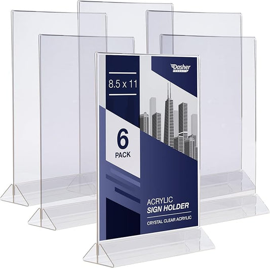 Acrylic Sign Holder 8.5 x 11, T-Shape Menu Holder with Bottom-Loading Design, Plastic Stands for Brochures, Flyers, Menus, and Displays. Double-Sided Display Stand for Tabletop Signs and More (6 Pack)