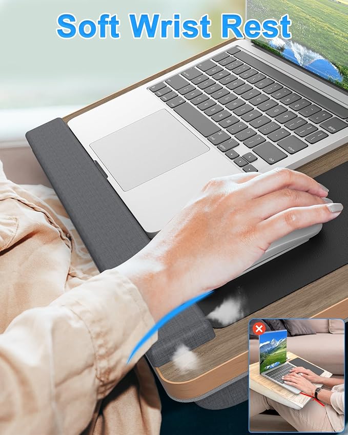 Laptop Lap Desk, Portable Large Laptop Desk for Bed, Up to 17 in Lap Table with Wrist Rest, Mouse Pad, Tablet Phone Slot, Portable Handle, Cushion (Dark Brown Woodgrain)