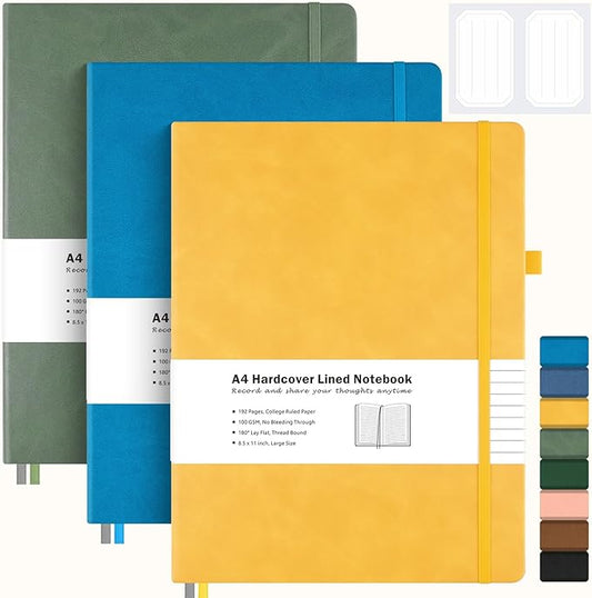 3 Pack College Ruled Notebook, A4 Hardcover Leather Notebook for Work, Lined Notebook Journal for Women, Men, 192 Thick Paper, 8.5" x 11", Large Notebook, Professional Business Notebook, Multicolor