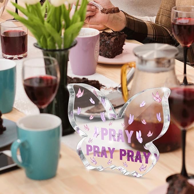 Purple Religious Plaques Christian Woman Decor Gifts, Purple Christian Gifts for Women, Modern Home Office Room Bathroom Bedroom -Pray On It Pray Over It -Bible Verse Acrylic Sign(Butterfly)