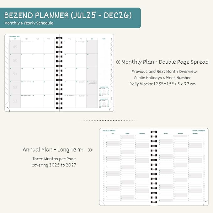 BEZEND 2026 Planner Weekly and Monthly (6" x 8.5") Daily Calendar Book with Tabs (Jul 25-Dec 26) Vertical Hourly Timeslots, Storage Pocket, Pen Holder, Spiral, PU Leather Softcover - Kiwi