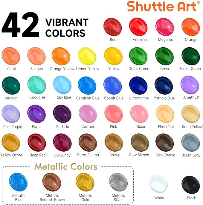 Shuttle Art Acrylic Paint, 42 Colors Acrylic Paint Set with 12 Brushes, 2oz/60ml Bottles, Rich Pigmented, Water Proof, Premium Paints for Artists, Beginners and Kids on Canvas Rocks Wood Ceramic