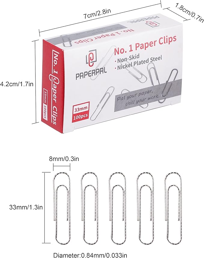 PAPERPAL Paperclips for Office School & Personal Use, #1 Nonskid Paper Clip (1-2/7"), 600 Medium Paper Clips (6 Boxes of 100 Each), Silver