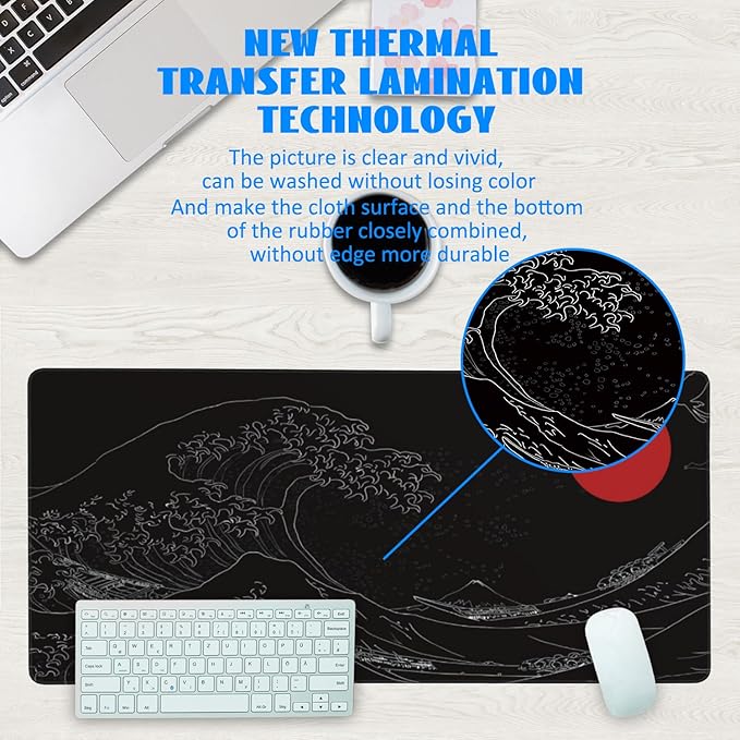 Desk Mat, Black Japanese Style Wave and Red Sun Extended Gaming Mouse Pad Large, 35.4"x15.7" Big Mouse Pad with Non-Slip Base and Stitched Edge, Long Computer Keyboard Mouse Mat for Home Office Work