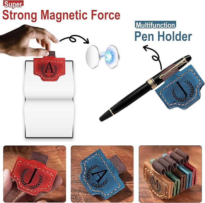 Personalized Bygone Mark Bookmark with Pen Holder, Leather Magnetic Bookmark 26 Letters Name Initial Bookmarks for Readers, Book Lover Gifts for Women Men Notebook Accessories (Red, Q)