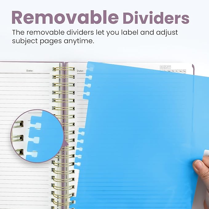Hardcover Spiral Journal Notebooks for Work With Removable Dividers & Tabs, 8.5"x11" 5 Subject Notebook for Note Taking & Organizer, A4 College Ruled Lined Journal for Women & Writing, Purple, 280 Pages