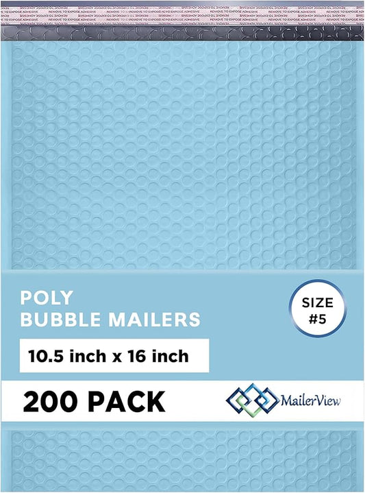 Light Blue 10.5x16 Inch Large Poly Bubble Mailers #5 | Padded Envelopes with Self Seal | Air Lined Cushioned Bubble Mailer | Usable Size 10.5x15 | 200 Pack Bulk | Lightweight shipping Bags