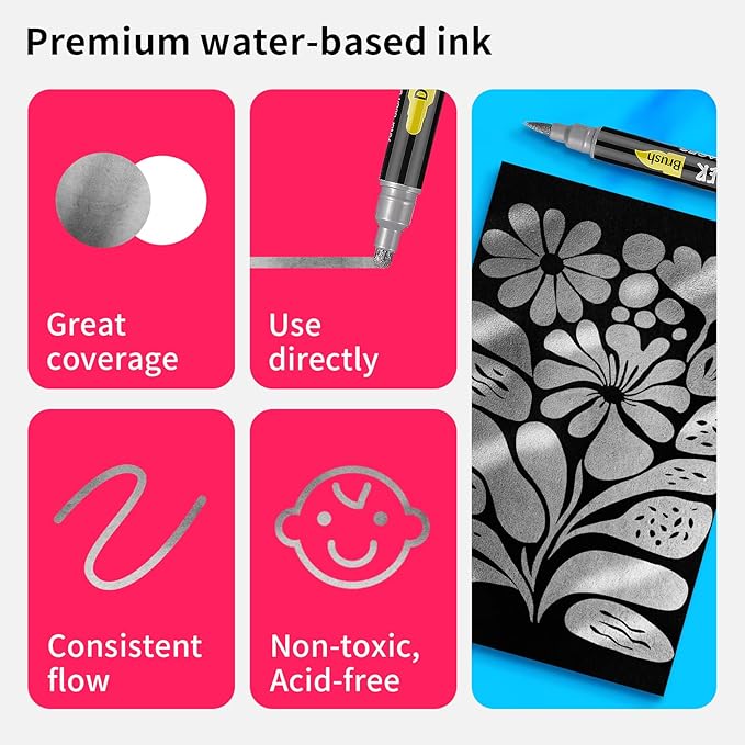 NAWOD 3 Silver Acrylic Paint Pens Markers, Dual Tip (Dot + Brush Tip), for Rock Painting Fabric Canvas Glass Wood Ceramic Paper Eggs, Fabric Marker Ideal for Labeling DIY Crafts Art Projects