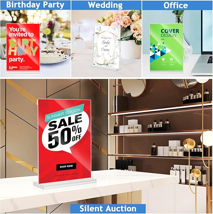 9 Pack Acrylic Sign Holder, 5 x 7 Double-Sided Acrylic Stands, Clear Display Stand, Table Top Sign Paper Holders, Vertical Menu Holder for Restaurant Office Store Home Party