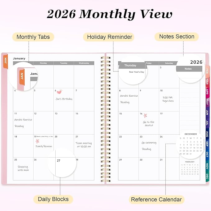 Oucaru 2026 Planner, Weekly and Monthly Planning Calendar, Jan 2026 - Dec 2026, 8.5" x 11", Spiral Bound, 12 Habit Trackers & Monthly Tabs, 2 Storage Pockets, Perfect for Office Home School Supplies
