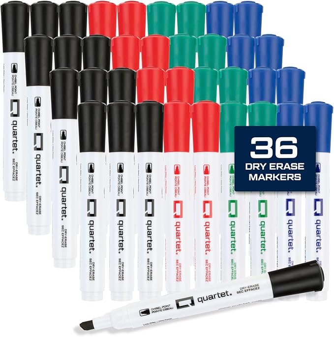 Quartet Dry Erase Markers, Chisel Tip White Board Dry Erase Markers with DryGuard Ink Protection, Office Essentials, Black, Red, Blue, Green, 36 Pack (Q120Z04-R)