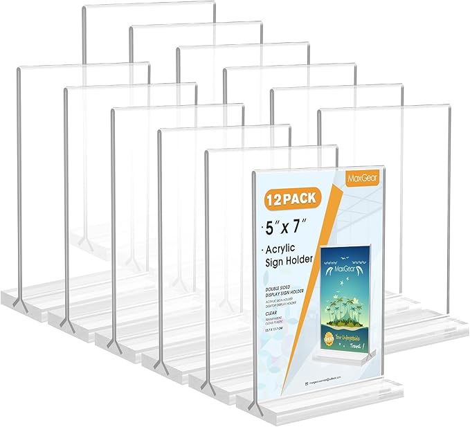 MaxGear 5x7 Acrylic Sign Holder 12 Pack, Double Sided Display Stand, Clear Paper Holder Picture Frame, Plastic Menu Stand Photo Frame for Stores, Restaurants, Hotels, Office