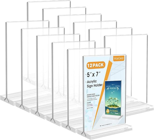 MaxGear 5x7 Acrylic Sign Holder 12 Pack, Double Sided Display Stand, Clear Paper Holder Picture Frame, Plastic Menu Stand Photo Frame for Stores, Restaurants, Hotels, Office