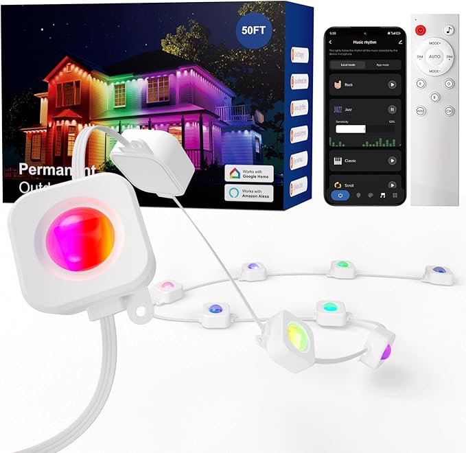 HUTAKUZE Permanent Outdoor Lights, 50ft RGB Outdoor Christmas Lights with 30 LED Light, IP67 Waterproof LED Eaves Light, DIY Scene Modes for Halloween Decor, Smart APP & Remote Control