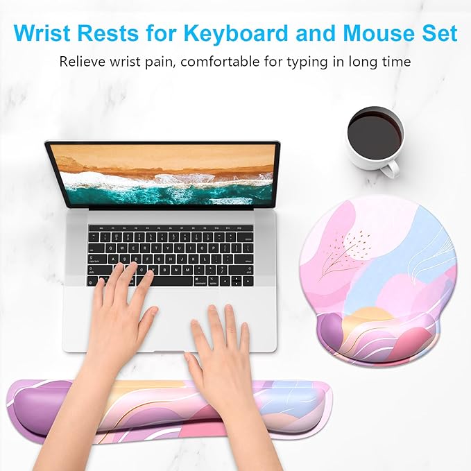 Dapesuom Keyboard Wrist Rest and Mouse Pad with Wrist Support, Cute Memory Foam Cushion for Keyboard and Mouse Set, Ergonomic Pad Rests with Non Slip Base for Easy Typing & Pain Relief, Colorful Art