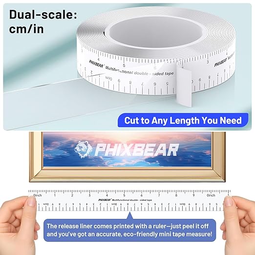 Removable Double Sided Tape Heavy Duty & Heat Resistant with Measurement Guide (Printed Inch/cm Backing), Clear Mounting Strips for Home & Office, Picture Hanging, 1.18" x 9.85' Roll