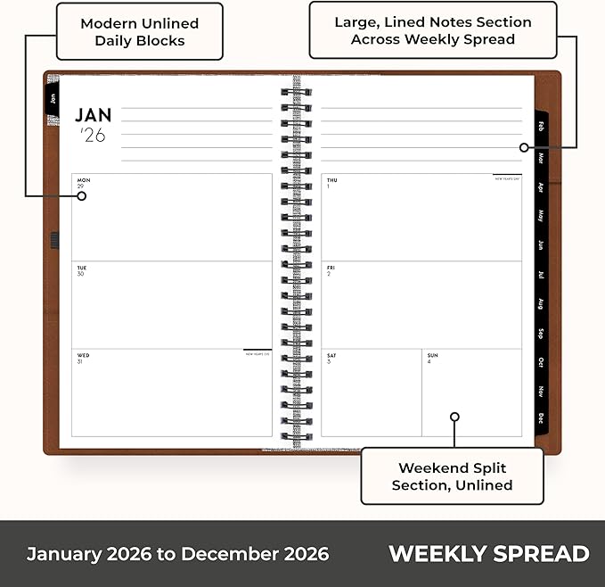 Blue Sky ASMBLD 2026 Weekly and Monthly Planner Calendar, January 2026 - December 2026, 5" x 8", Faux Leather Cover, Durable Twin Wire Binding, Storage Pocket, Laminated Tabs, Refillable, Pen Loop, Tan