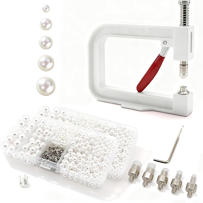 Pearl Setting Machine Hand Press Tools 2 Boxes White No Holes Pearl Beads with Rivet Studs Screw Heads L Hexagon Wrench for Decorating Clothes Hat Trousers Dresses Bag Hair Band DIY Crafts (White)