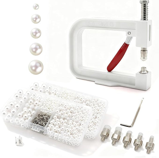 Pearl Setting Machine Hand Press Tools 2 Boxes White No Holes Pearl Beads with Rivet Studs Screw Heads L Hexagon Wrench for Decorating Clothes Hat Trousers Dresses Bag Hair Band DIY Crafts (White)