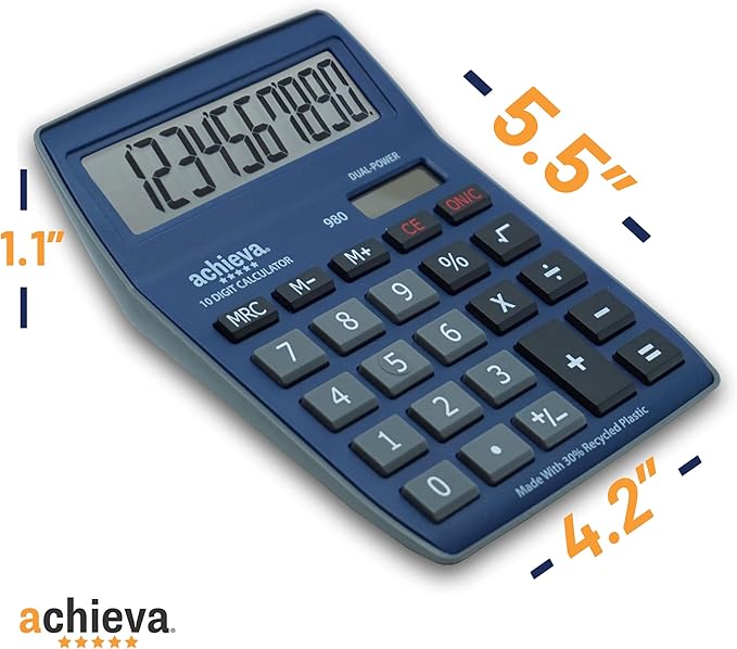 Achieva 10-Digit LCD Display Desktop Calculator | Blue, Gray | Dual Solar & Battery Power | Made with 30% Recycled Plastic | for Home, Office, School (980)