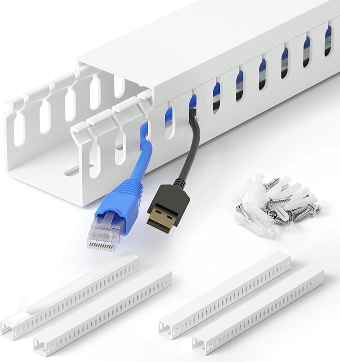 66in(4X L16.5in) Professional Server Rack Cable Management Raceway, H1.4in x W1.6in Cable Raceway Kit, Electrically Safe PVC Open Slot Wire Raceway for Under Desk/Computer/Network Cords, White