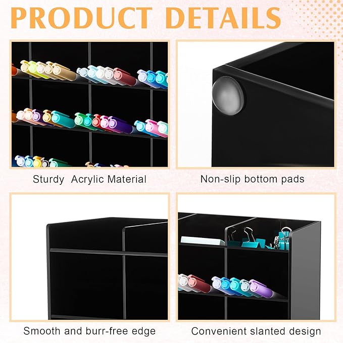Acrylic Pen Organizer Storage for 200 Markers Vertical Marker Organizer Acrylic Pen Display Holder for Office Desk Desktop Stationery Pencil Storage, Black, 13 x 4 x 10.2 Inch