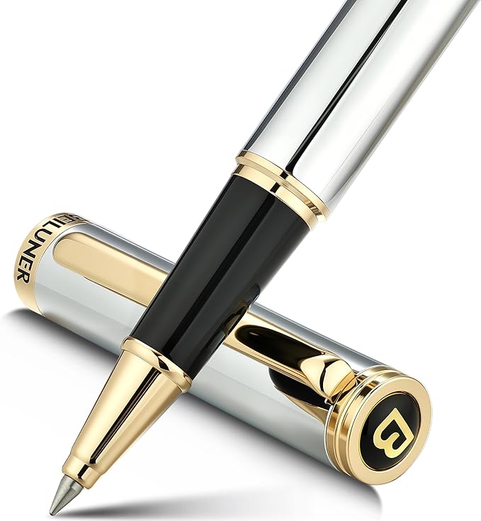 BEILUNER Luxury Rollerball Pen, Stunning Silver Chrome with 24K Gold Finish,Noble and Elegant Designs,Schneider Ink Refill, Best Gift Pen for Men & Women, Professional, Executive Office, Fancy Pens