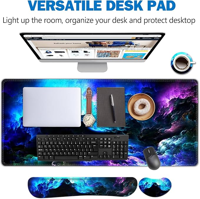 AIMSA Keyboard Mouse Pad Wrist Rest Set, Extended Desk Mat+ Ergonomic Mouse Pad with Wrist Rest+ Keyboard Wrist Support+ Coaster, 35x15.7in Large Mousepad for Home Office, Nebula Galaxy